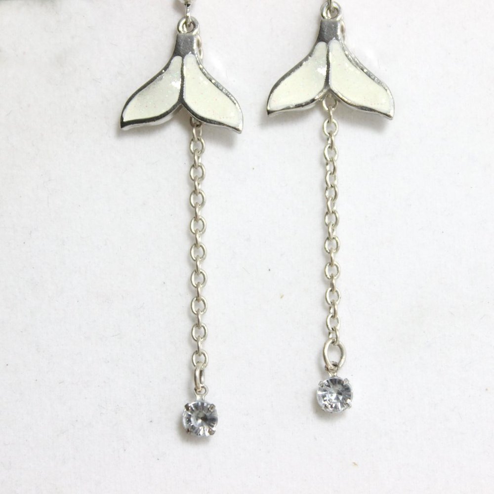 🦄💗Sterling Silver White Sparkly Mermaid Tail Chain Rhinestone Dangle Earrings